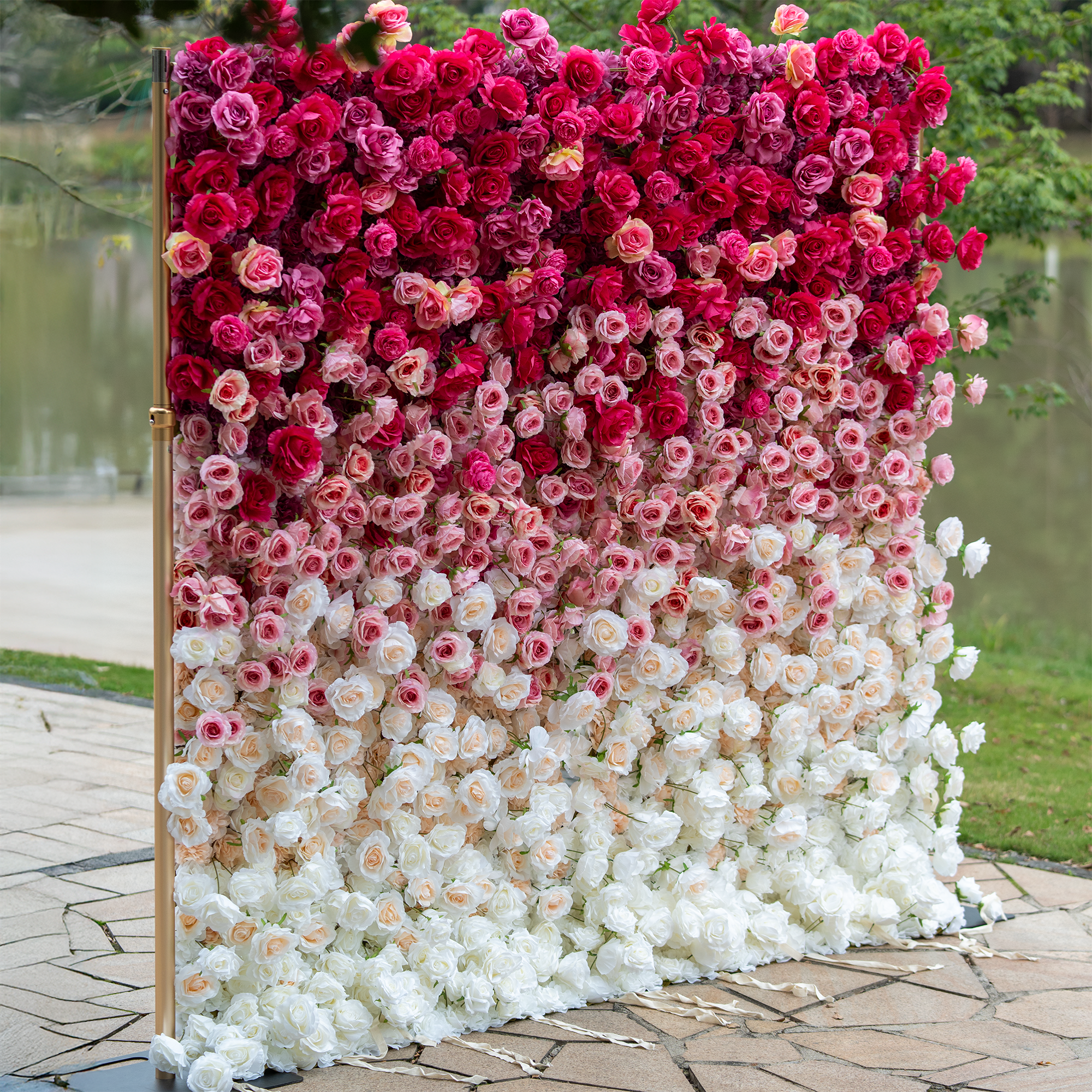 🔥[Hot sale]🔥 Roll Up Fabric Artificial Red to White Gradient Flower Wall Wedding Backdrop, Floral Party Decor, Event Photography
