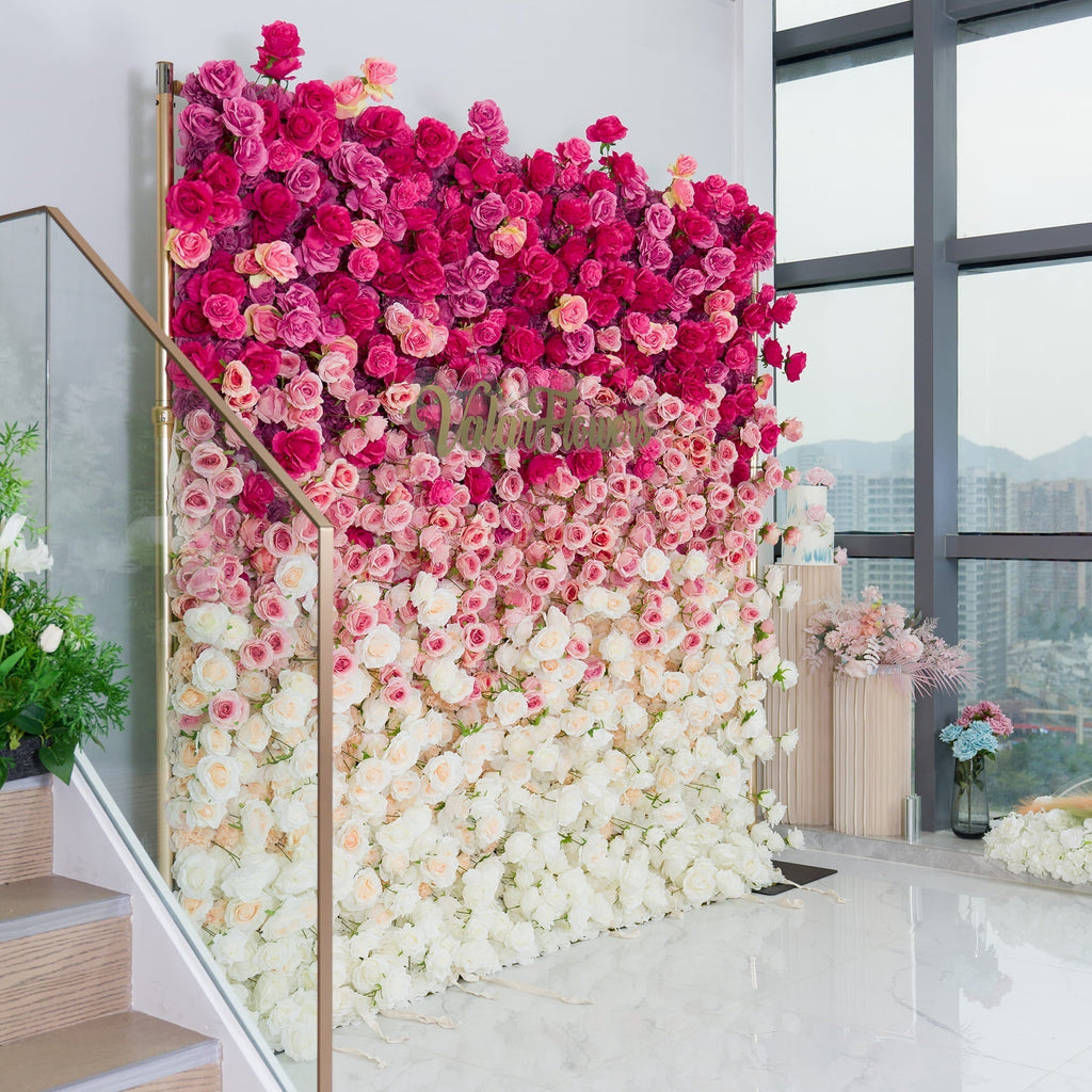 🔥[Hot sale]🔥 Roll Up Fabric Artificial Red to White Gradient Flower Wall Wedding Backdrop, Floral Party Decor, Event Photography