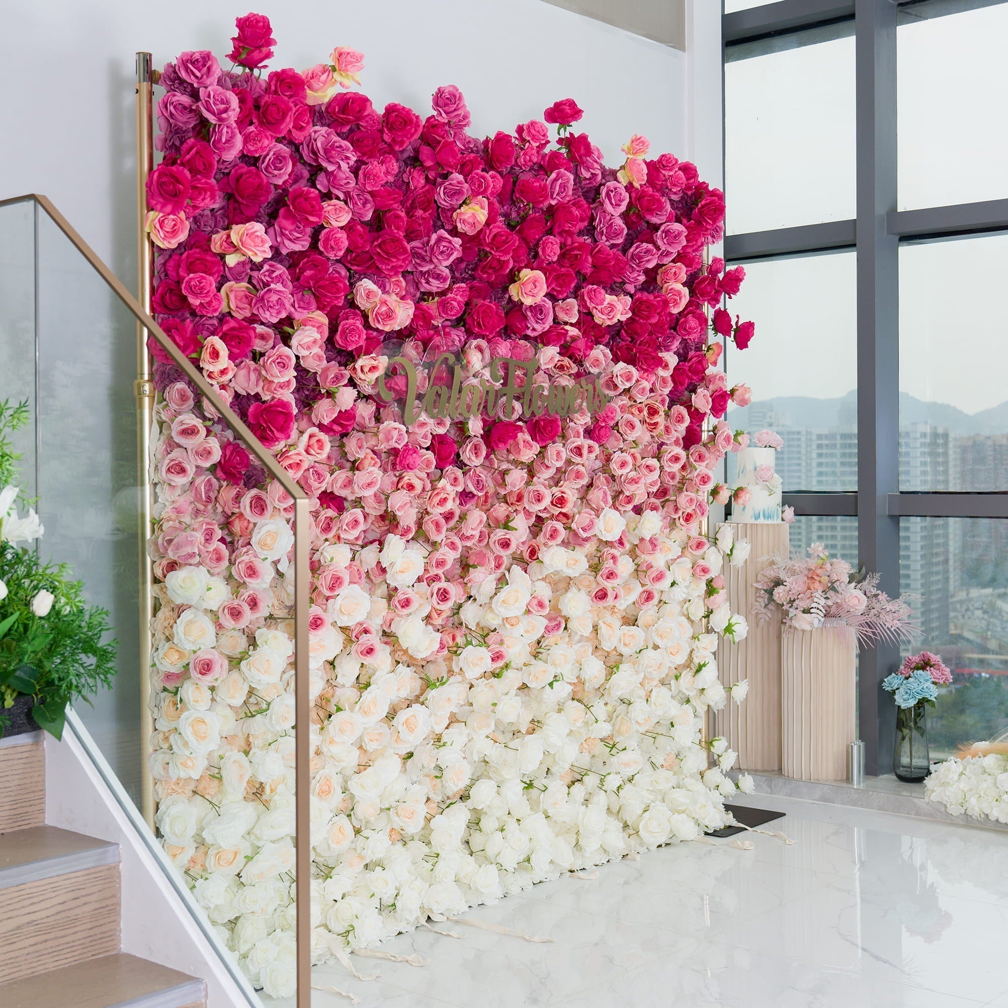 🔥[Hot sale]🔥 Roll Up Fabric Artificial Red to White Gradient Flower Wall Wedding Backdrop, Floral Party Decor, Event Photography